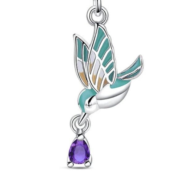 Sterling Silver Enamel Bird with Amethyst CZ Drop Dangle Charm - Picture 2 of 2